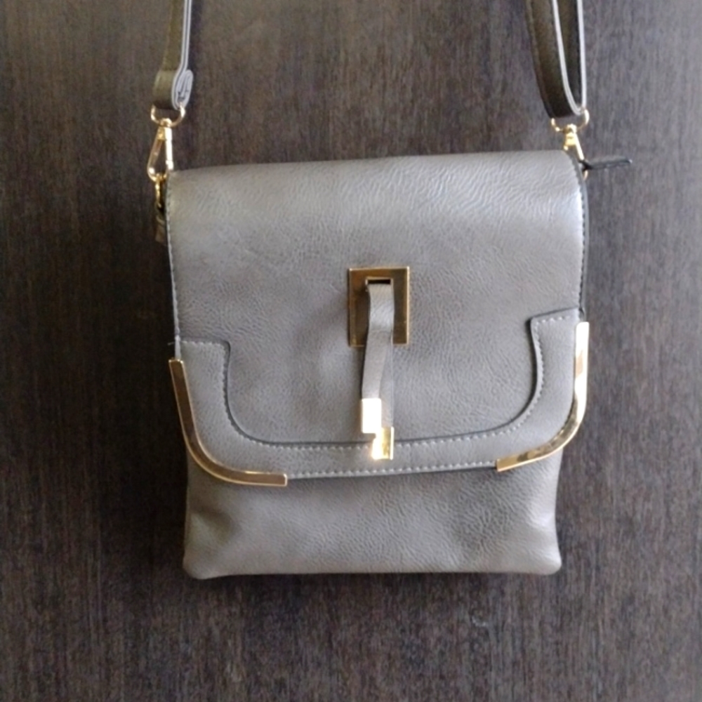 Vegan Shoulder Bag Purse Grey with Gold Trim